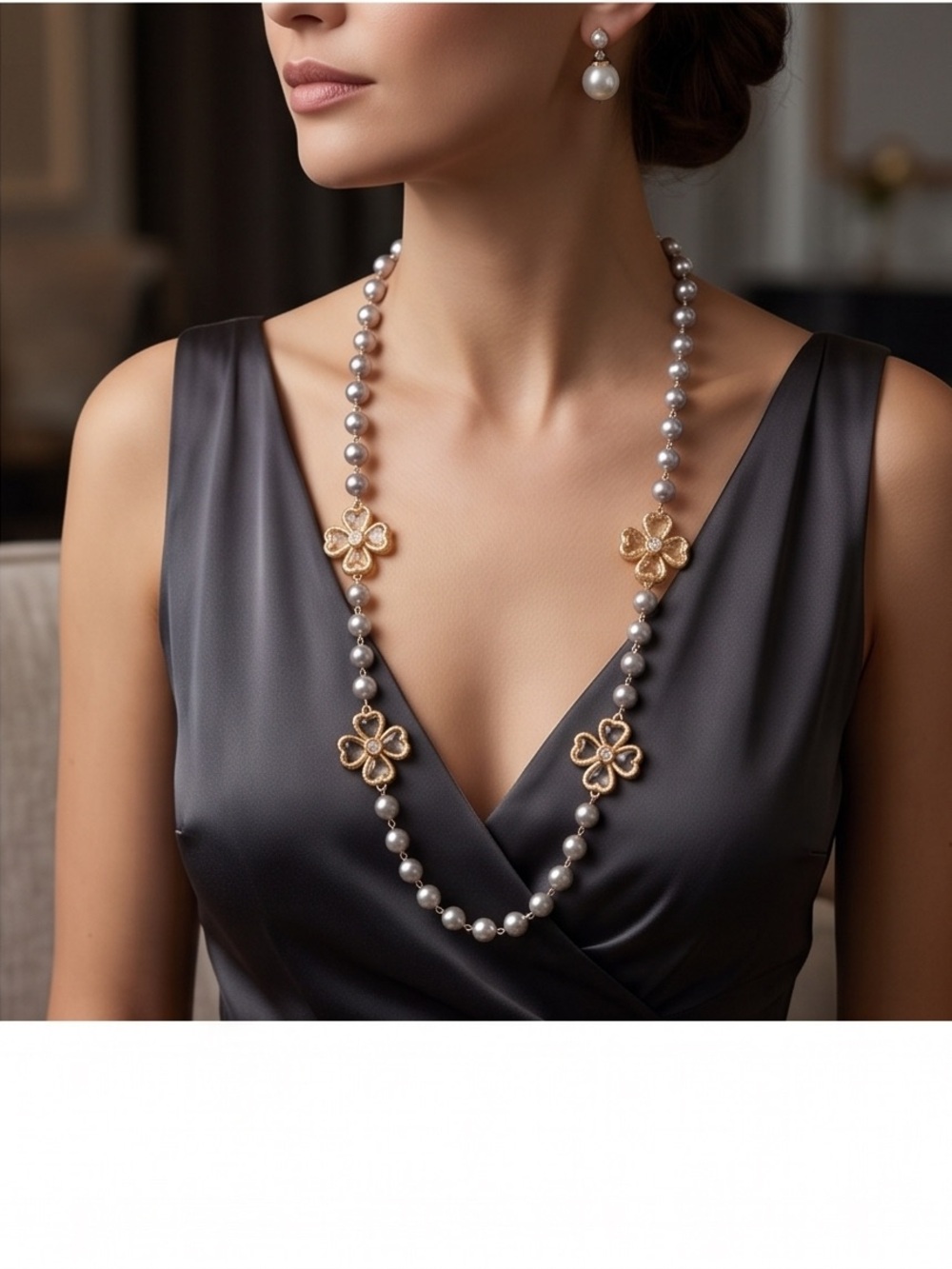 Gold Floral Accent Silver Pearl Long Necklace by